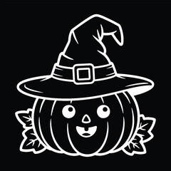Cute Halloween Pumpkin with Witch Hat Kawaii Style Vector Illustration