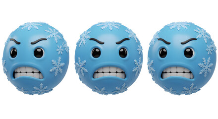 Three blue spherical emojis expressing anger and frustration, adorned with snowflake details. They clench their teeth and show their teeth, symbolizing strong negative emotions.
