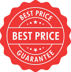 Red circular seal with a serrated edge featuring the words best price and best price guarantee in white text