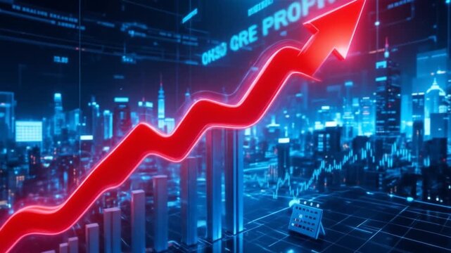 Dynamic Financial Growth: Red Arrow Ascending Over Futuristic Cityscape, Business Success - Powered by Adobe