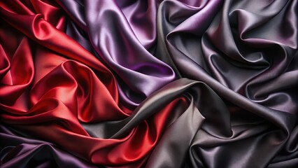 Fototapeta premium Close up shot of draped red purple and gray satin fabric showing texture and folds
