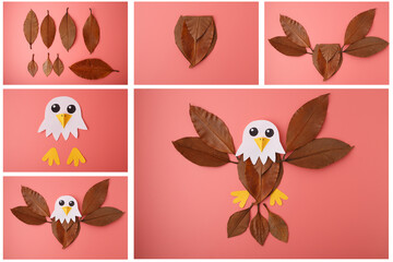 Creative nature-inspired eagle artwork made from leaves and paper, perfect for eco campaigns, educational materials, children media, and sustainable product branding