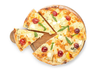 Wooden board with delicious pizza on white background