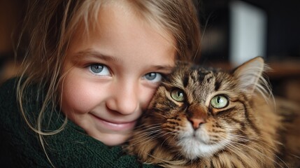 Adorable little girl lovingly cuddling her furry tabby cat best friend creating a heartwarming moment together