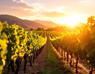 Fototapeta premium Golden Sunset Over Rolling Vineyard Rows with Distant Mountains.