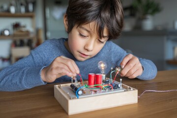 A child concentrates on connecting wires and components in a science experiment focused on electricity. The activity takes place at home, showcasing curiosity and learning