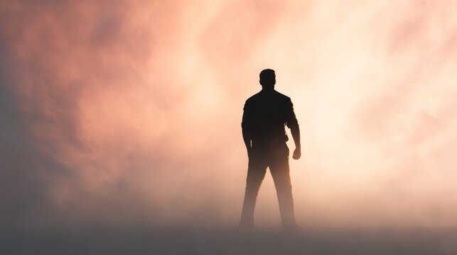 Silhouette of a man standing strong against a dramatic sky background