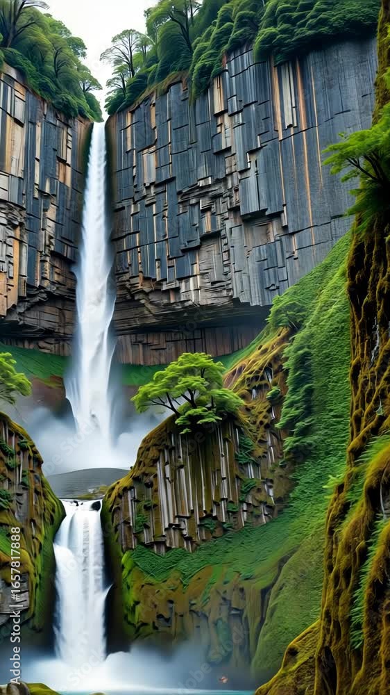Poster Scenic Waterfall Cascading Down Dramatic Cliffside with Lush Greenery Surrounding and Pristine River Emerging from Misty Basin in Enchanting Forest Gorge