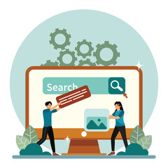 Web Search and Digital Collaboration concept. Hands help building website on computer screen.