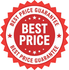 Red and white circular seal with jagged edges proclaiming best price guarantee and best price in bold white lettering