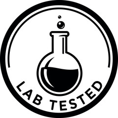 Circular black and white graphic emblem featuring a laboratory flask with liquid and the words lab tested inside a bold circular border