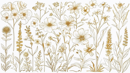 Intricate golden floral illustrations. Perfect for wedding invitations, greeting cards, and elegant designs. Suitable for various creative projects.