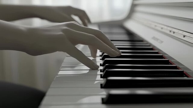 Woman's hands pressing piano keys to play music, focusing on the movement and rhythm of a musical performance.