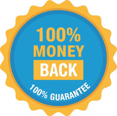 Bright blue and yellow circular badge guaranteeing 100 money back and 100 guarantee for customer satisfaction and trust