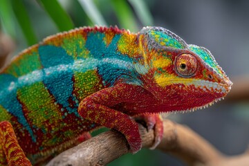 A colorful chameleon perches on a branch, displaying bright scales of blue, green, and red. It blends into the lush foliage of a tropical environment, enjoying its surroundings
