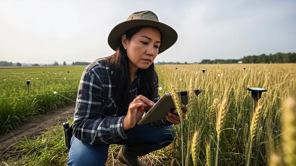 Woman farmer using tablet in wheat field - Powered by Adobe
