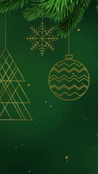 Christmas tree, ornaments, and snowflakes animation over green background with pine branches