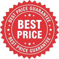 Red circular seal with the words best price guarantee prominently displayed in white text for marketing and sales promotions