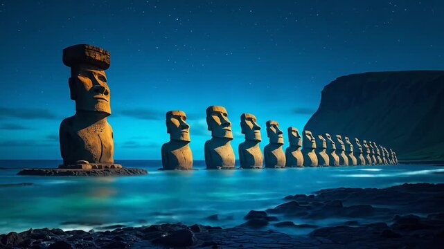 Majestic Moai Statues at Night on Easter Island
