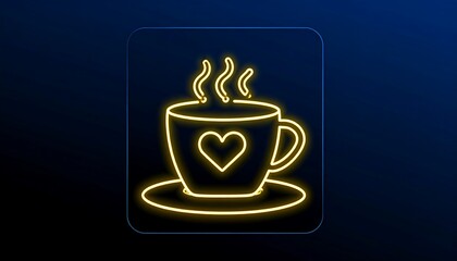 Neon outline of a coffee cup with a heart design.