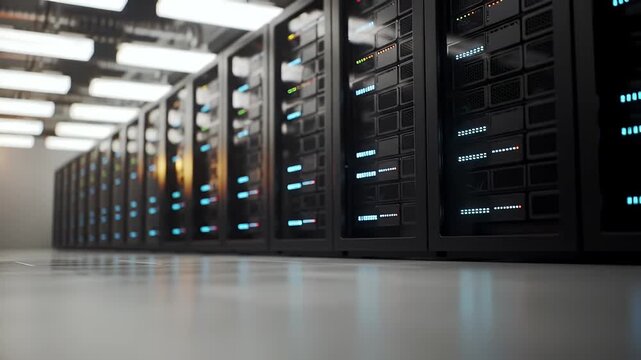 Long Row of Black Servers in a Data Center Under Bright Lights Reflecting on Light Gray Floor