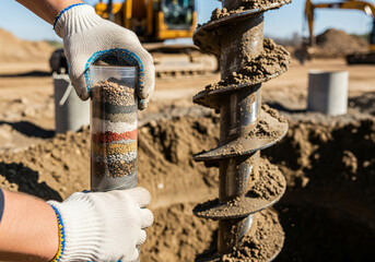 Drilling machine with large auger bit excavating dirt and rocks from ground. Soil sampling during pile drilling. Extraction of underground material for geotechnical analysis and foundation assessment.