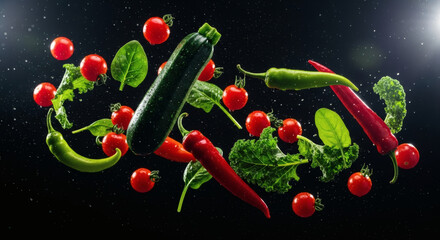 A Fresh Selection of Vegetables Floating in Zero Gravity, Zucchini and Peppers Amidst a Shower of Fresh Produce