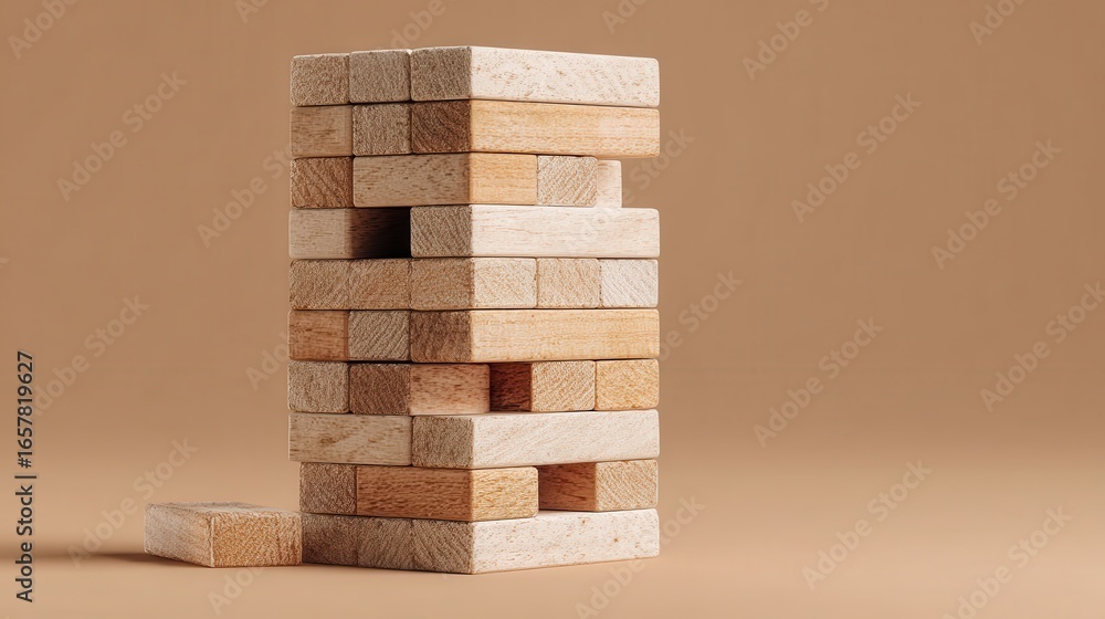 Poster beige and light brown wooden blocks stacked precariously against a neutral background. one block is 
