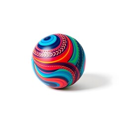 A vibrant multicolor cricket ball with intricate stitch patterns and a glossy finish is centered on a clean and minimalist white background
