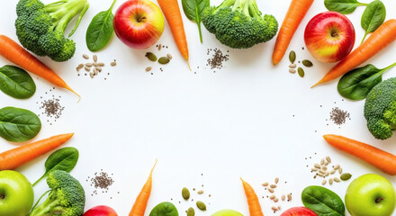 Fresh Vegetables and Fruits Border, Healthy Eating Concept, Colorful food assortment with broccoli, carrots, apples and spinach in natural light, Top view