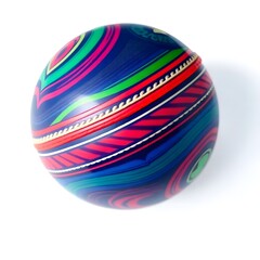 A vibrant multicolor cricket ball with intricate stitch patterns and a glossy finish is centered on a clean and minimalist white background