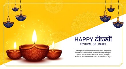 Happy diwali festival of lights with lit diyas and decorative elements, a festive greeting for the indian celebration