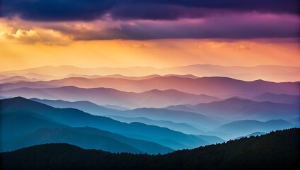 Fototapeta premium Layered Mountain Range at Sunset with Colorful Skies and Dramatic Clouds Panoramic Landscape