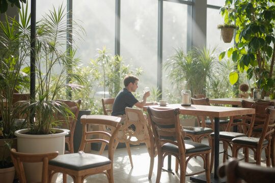 Caucasian young adult man sitting alone at table in bright cafe surrounded by lush green plants, holding cup and looking at smartphone, sunlight streaming through large windows