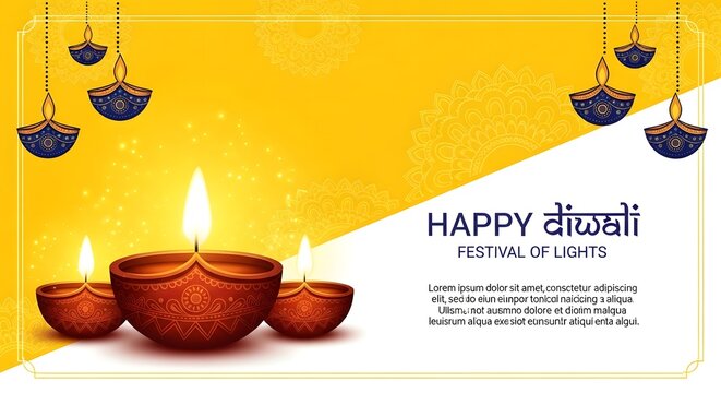 Happy diwali festival of lights with lit diyas and decorative elements, a festive greeting for the indian celebration