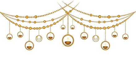 Golden diwali diya lamps hanging on decorative chains, creating a festive and illuminated atmosphere for the indian festival of lights, isolated on white background