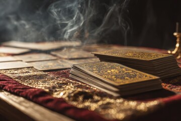 Tarot cards are drawn from a deck resting on a richly textured velvet table, while ethereal smoke gracefully ascends in a dimly lit space, adding a sense of mystery and intrigue