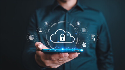 Man holding smartphone displaying secure cloud computing technology with digital icons