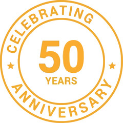 Golden circular emblem celebrating fifty years anniversary with text and number 50