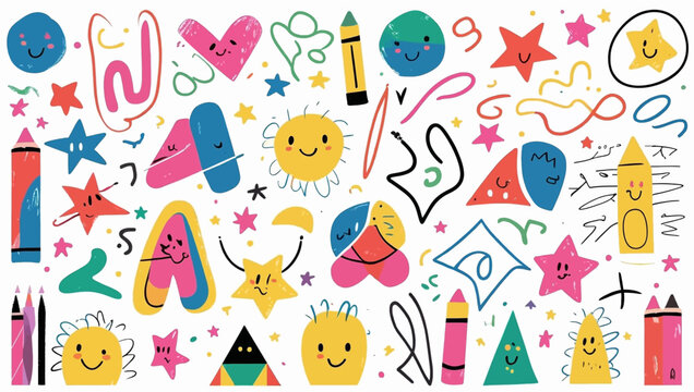 Drawings featuring shapes, stars, and smiling objects suitable for childrens books, educational materials, and websites.