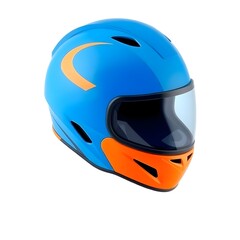 Fototapeta premium A vibrant blue and orange helmet is centrally positioned on a clean and crisp white background