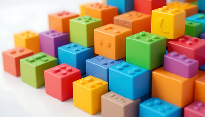 Obraz premium Vibrant assortment of colorful building blocks scattered on a white surface inspiring creativity and playful construction