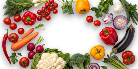 Vibrant assortment of fresh vegetables arranged in a circular wreath on a black background showcasing healthy eating and culinary ingredients