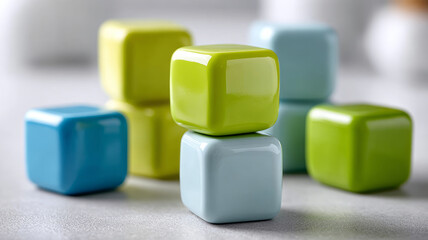 Obraz premium Colorful pastel cubes stacked and arranged on a smooth surface.