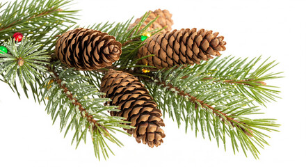Green Pine Branch with Natural Cones and Festive Christmas Lights on an Isolated transparent background
