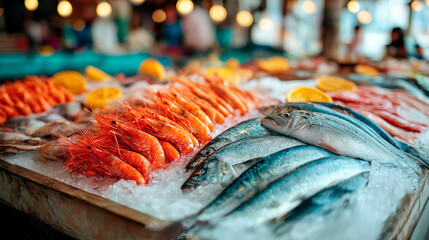 Fresh seafood display with fish and shrimp on ice at market stall