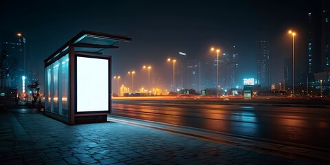 Futuristic empty billboard glowing under neon lights in urban city street at night, highlighting modern advertising space, commercial display, nightlife concept and dynamic city energy