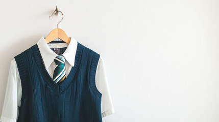 School uniform with a white shirt, navy vest, and striped tie hanging on a wooden hanger on a white wall