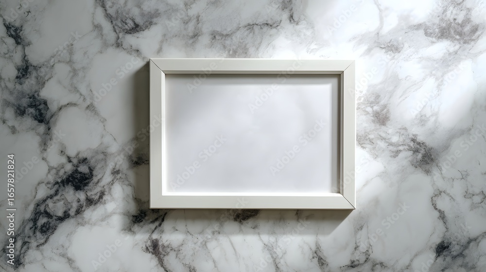 Poster empty frame with white border on marble floor