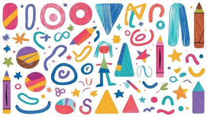 Crayonstyle drawings of various shapes and objects. Great for educational materials, art projects, and childrens products.